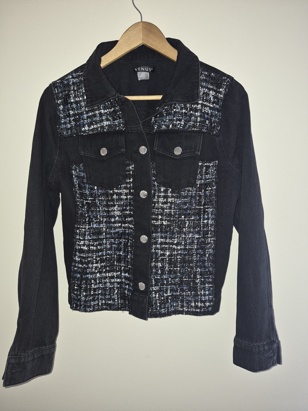 VENUS Black Tweed-Panel Denim Jacket